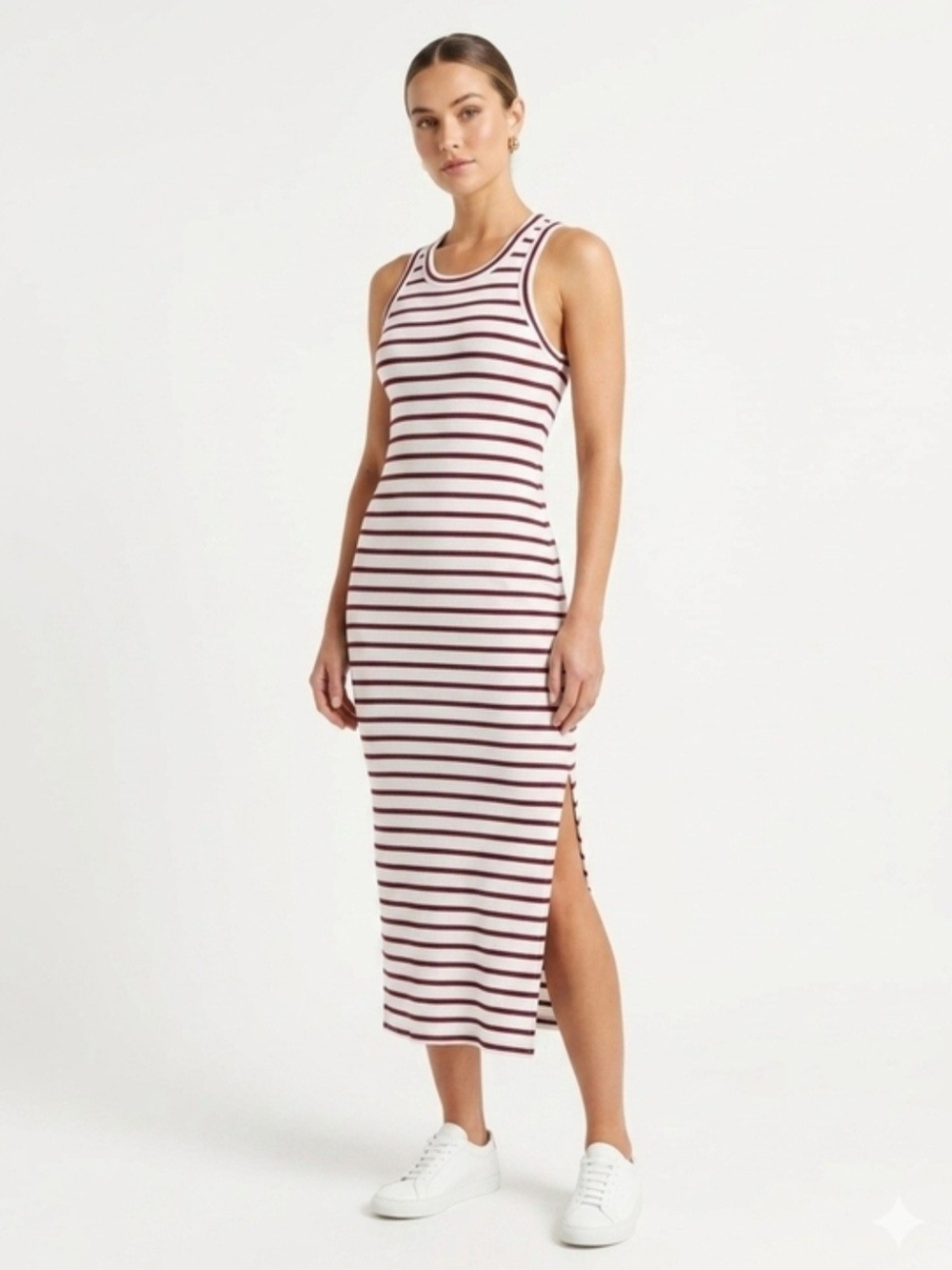LOFT White and Burgundy Striped Tank Midi Dress